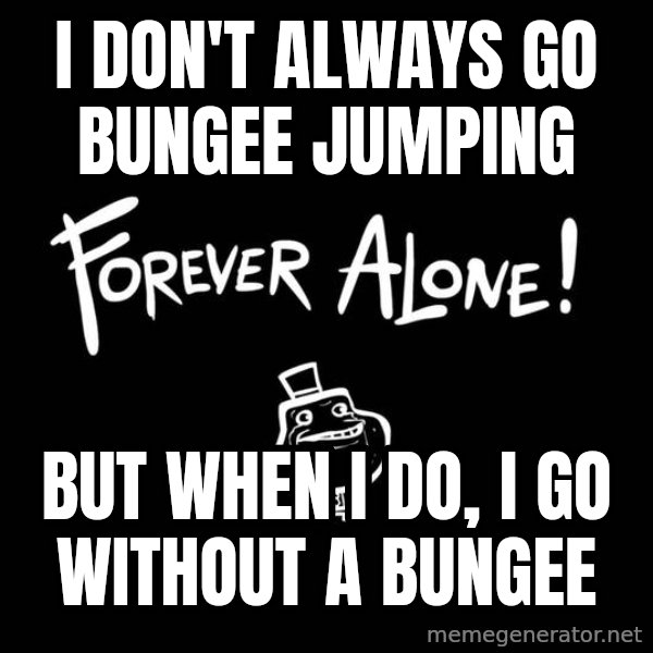 The Most Interesting Man In The World meme: I don't always go bungee jumping / but when i do, i go without a bungee