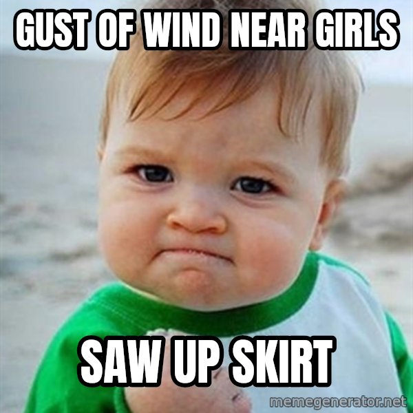 Victory Baby meme: gust of wind near girls / saw up skirt