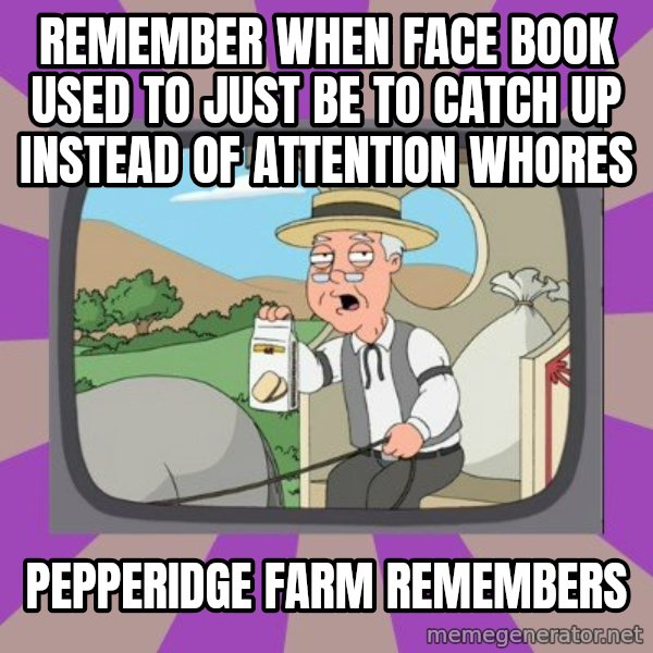 Pepperidge Farm Remembers Meme meme: REMEMBER WHEN FACE BOOK USED TO JUST BE TO CATCH UP INSTEAD OF ATTENTION WHORES / PEPPERIDGE FARM REMEMBERS