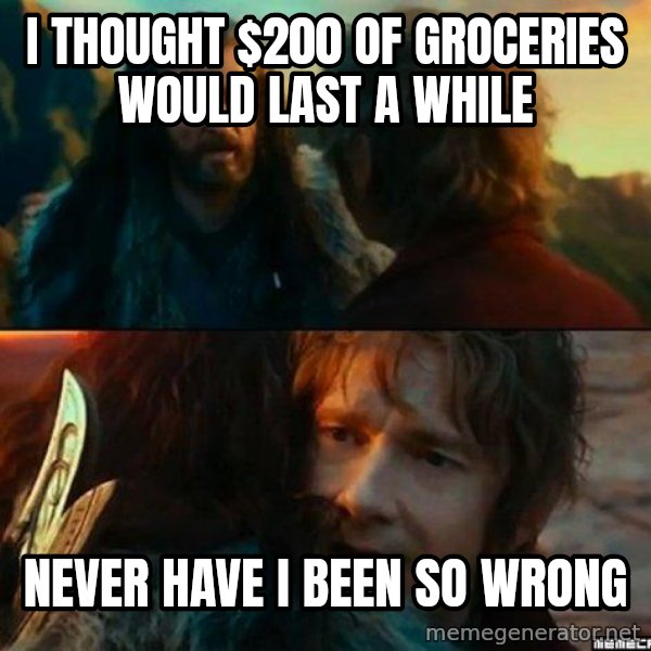 Never Have I Been So Wrong meme: i thought $200 of groceries would last a while / never have i been so wrong