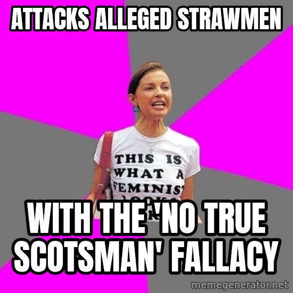 Feminist Cunt meme: attacks ALLEGED strawmen / with the 'no true scotsman' fallacy