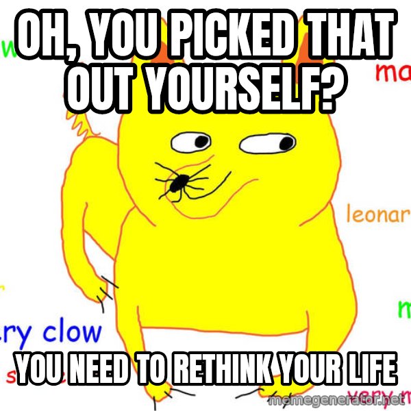 Grumpy Cat  meme: oh, you picked that out yourself? / you need to rethink your life