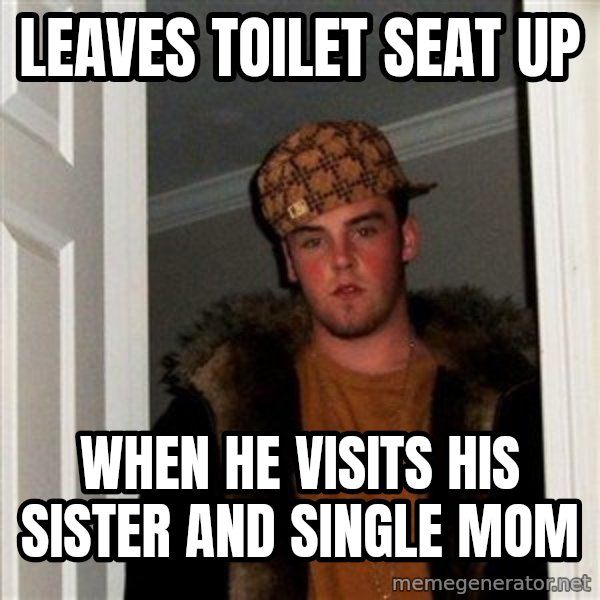 Scumbag Steve meme: leaves toilet seat up / when he visits his sister and single mom