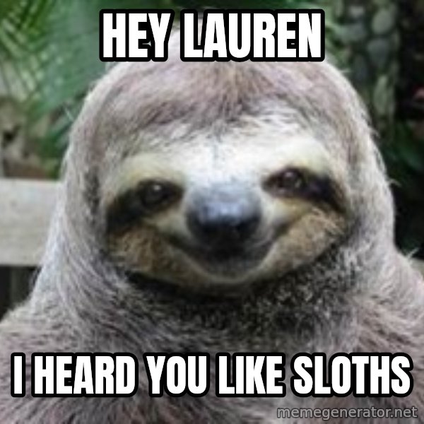 Sexual Sloth meme: Hey Lauren / I heard you like sloths