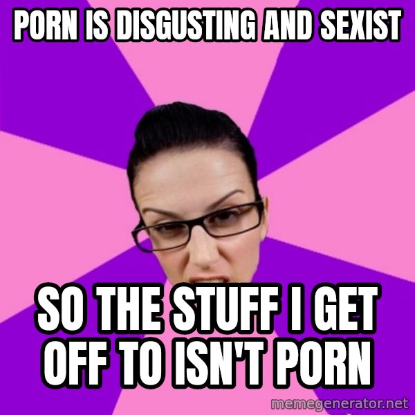 Privilege Denying Feminist meme: porn is disgusting and sexist / so the stuff I get off to isn't porn