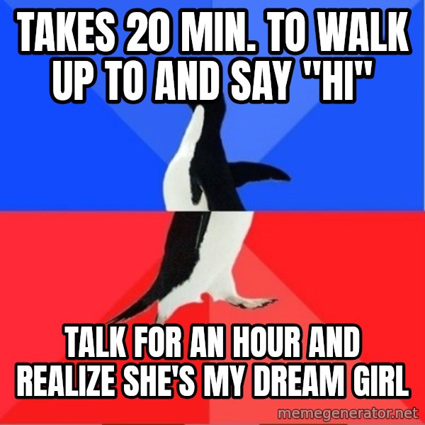 Socially Awesome Awkward Penguin meme: Takes 20 min. To walk up to and Say "Hi" / Talk for an hour and REalize she's my dream girl