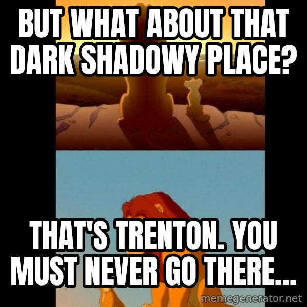 Lion King Shadowy Place meme: But what about that dark shadowy place? / That's Trenton. You must never go there...