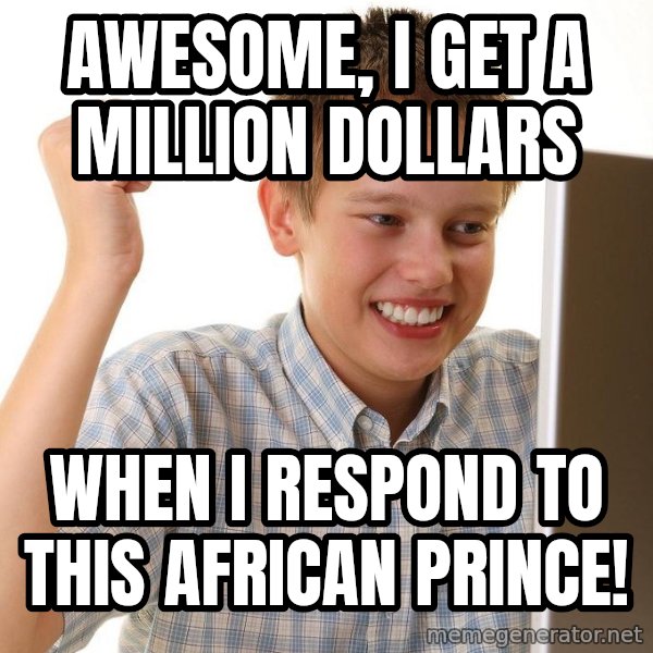 First Day on the internet kid meme: Awesome, I get a million dollars / when i respond to this african prince!