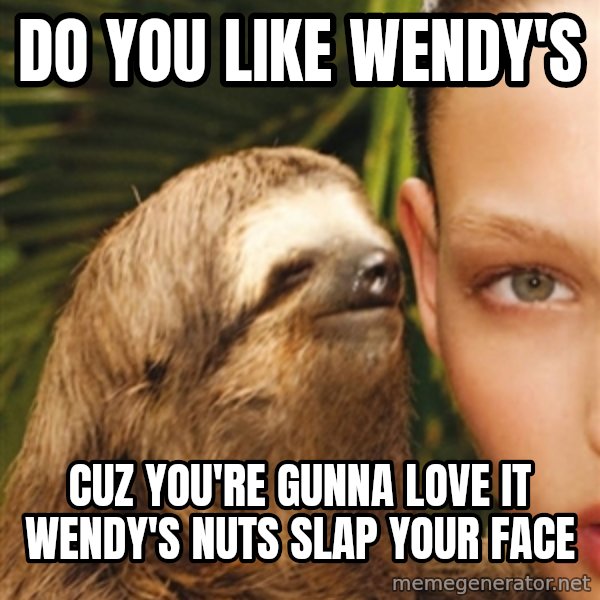 The Rape Sloth meme: Do you like wEndy's / CuZ you're gunna love it wEndy's nuts slaP your Face