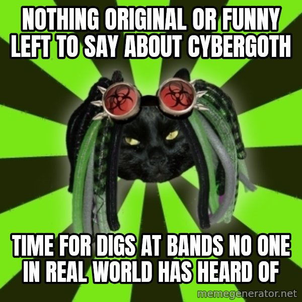 Pompous Cyber Cat meme: nothing original or funny left to say about cybergoth / time for digs at bands no one in real world has heard of