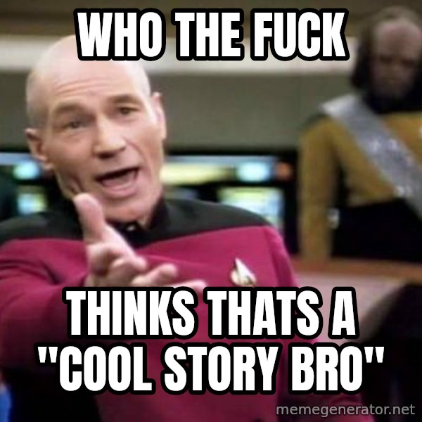 Picard Wtf meme: WHO THE FUCK / thinks thats a "Cool Story bro"