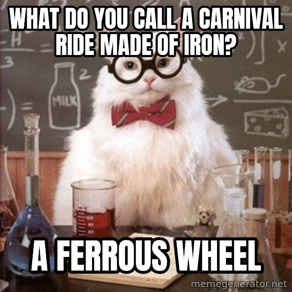 Chemistry Cat meme: What do you call a carnival ride made of iron? / A ferrous wheel