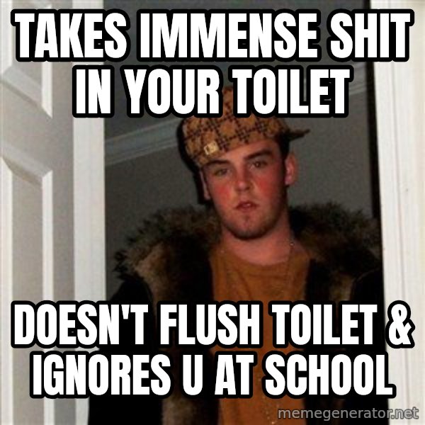 Scumbag Steve meme: Takes Immense shit in your toilet / Doesn't flush toilet & ignores u at school
