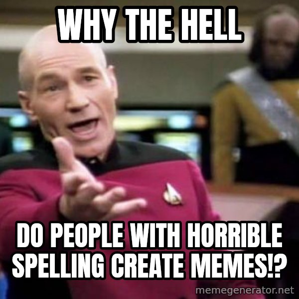 Picard Wtf meme: WHY THE HELL / DO people with horrible spelling create memes!?