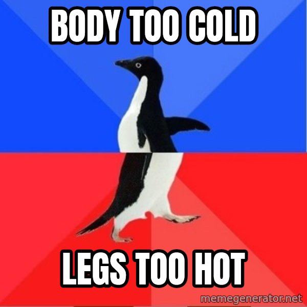 Socially Awkward to Awesome Penguin meme: Body too cold / legs too hot