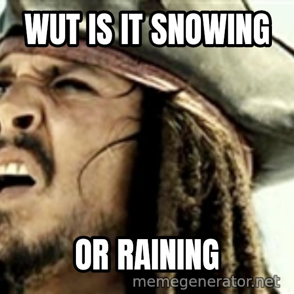 Confused Jack Sparrow meme: WUT IS IT SNOWING / OR RAINING