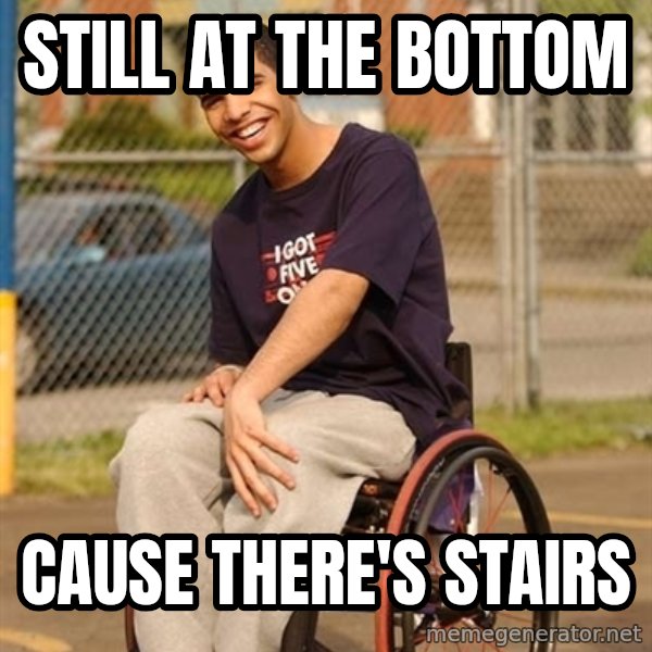 Drake Wheelchair meme: Still At the bottom / Cause there's stairs
