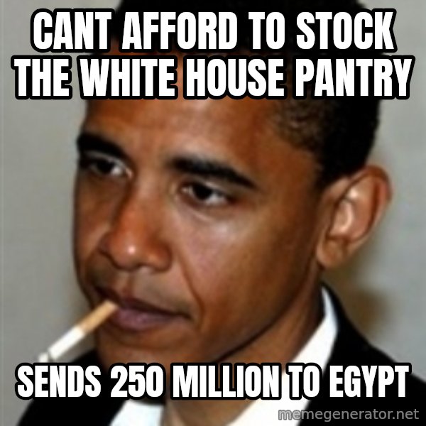 No Bullshit Obama meme: Cant Afford to stock the White House Pantry / Sends 250 million to Egypt