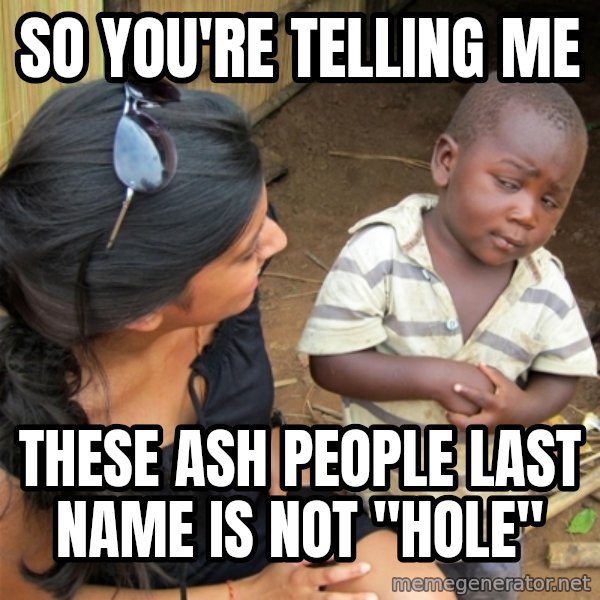 So You're Telling me meme: So You're Telling me / these ash people last name is not "hole"