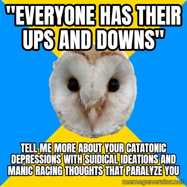 Bipolar Owl meme: "Everyone has their ups and downs" / tell me more about your catatonic depressions with suidical ideations and manic racing thoughts that paralyze you