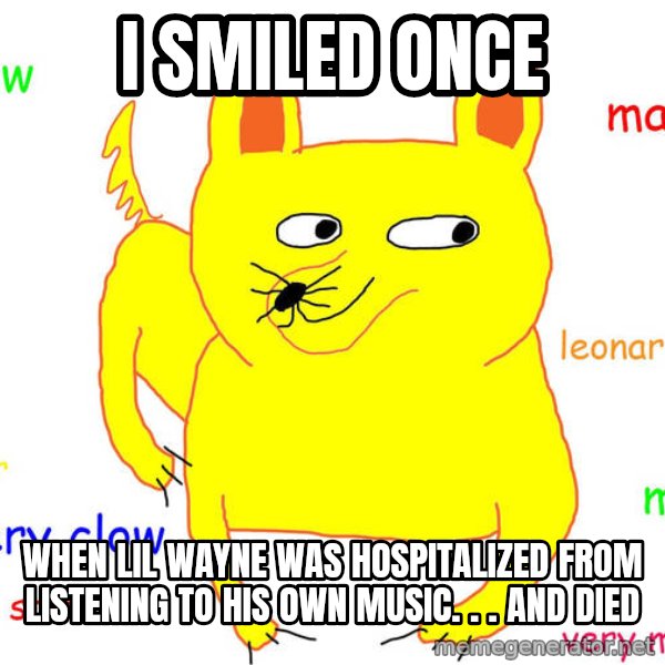Grumpy Cat  meme: I smiled ONCE / when LIL WAYNE was HOSPITALized FROM LISTENING TO HIS OWN MUSIC. . . and died