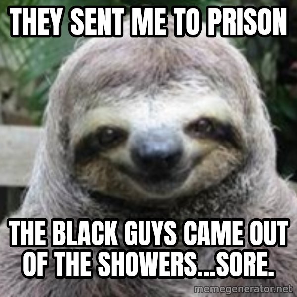 Sexual Sloth meme: They sent me to prison / The black guys came out of the showers...sore.