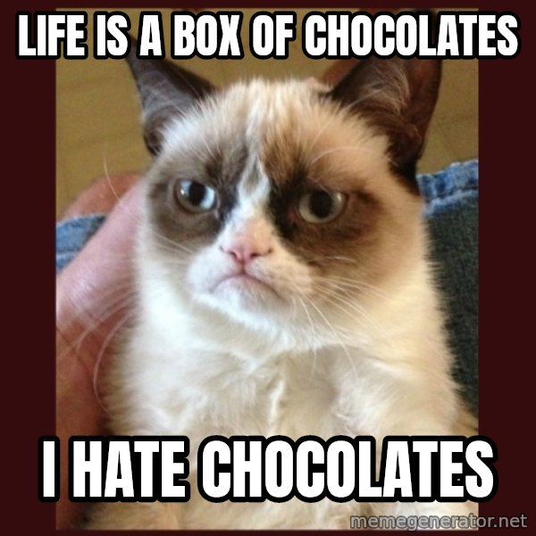 Tard the Grumpy Cat meme: life is a box of chocolates / i hate chocolates