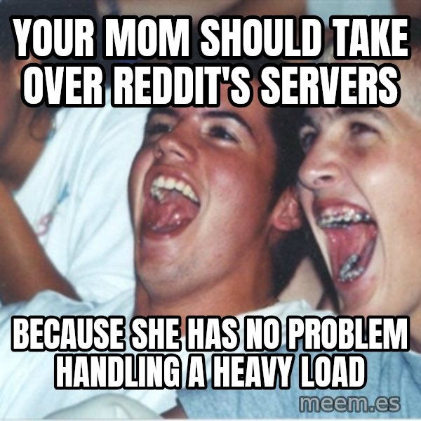 Immature high school kids meme: Your mom should take over Reddit's servers / because she has no problem handling a heavy load