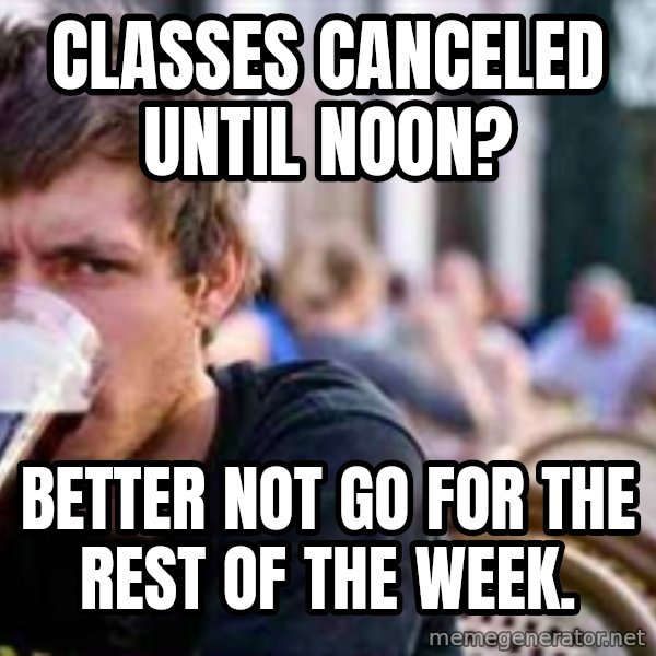 The Lazy College Senior meme: Classes canceled until noon? / better not go for the rest of the week.