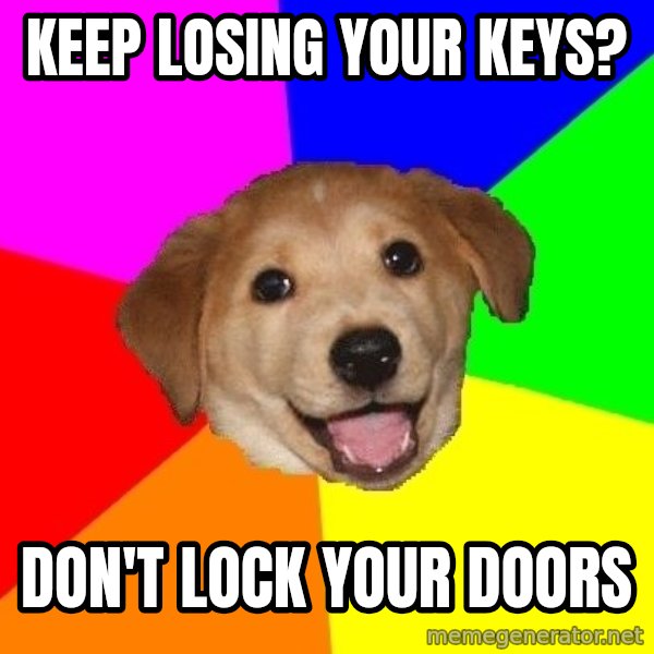 Advice Dog meme: Keep losing your keys? / Don't lock your doors