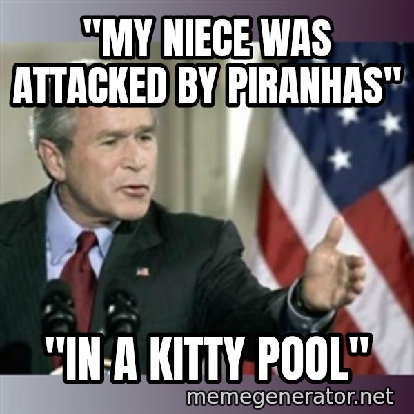 George W Bush meme: "my niece was attacked by piranhas" / "in a kitty pool"