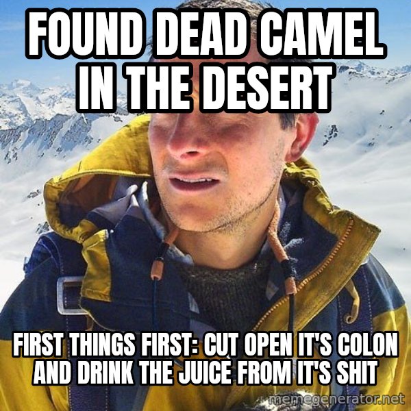 Bear Grylls Loneliness meme: found dead camel in the desert / first things first: cut open it's colon and drink the juice from it's shit