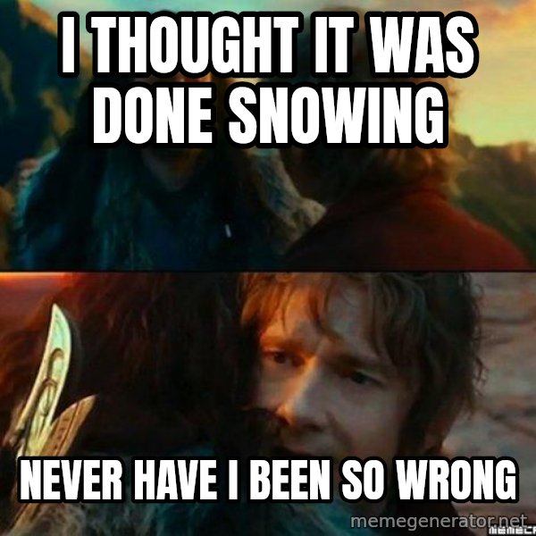 Never Have I Been So Wrong meme: I thought it was done snowing / never have i been so wrong