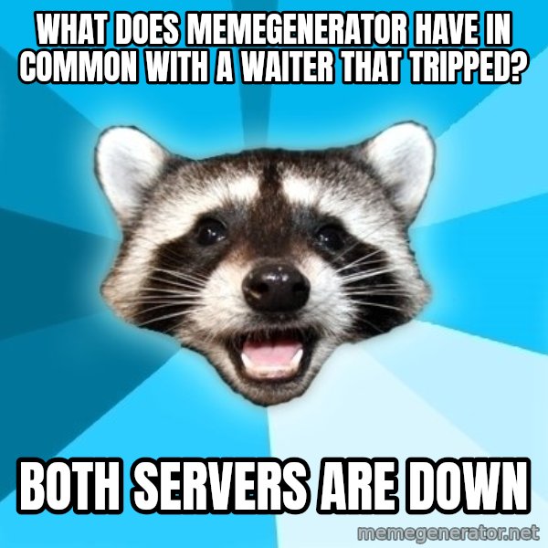 Lame Pun Coon meme: what does memegenerator have in common with a waiter that tripped? / both servers are down
