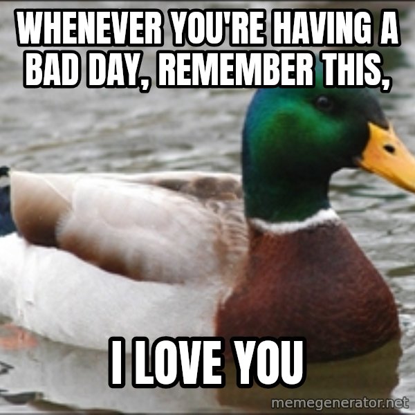 Actual Advice Mallard 1 meme: whenever you're having a bad day, remember this, / i love you