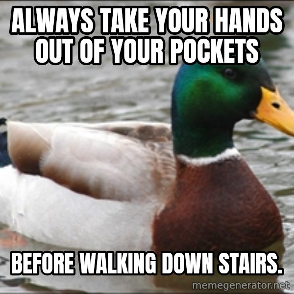 Actual Advice Mallard 1 meme: Always take your hands out of your pockets / before walking down stairs.
