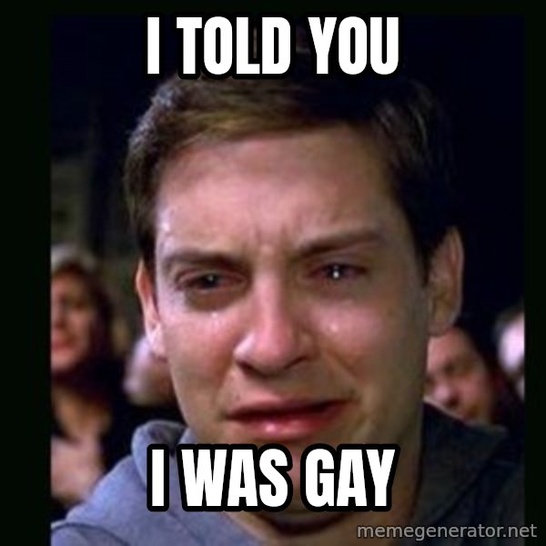 crying peter parker meme: I TOLD YOU / I WAS GAY