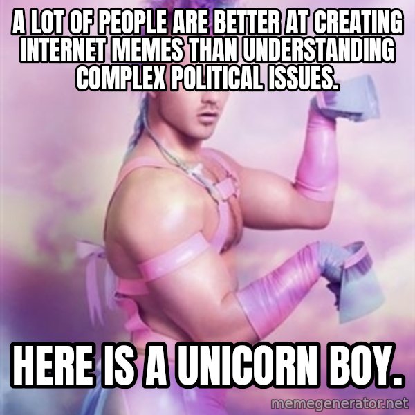 Unicorn Boy meme: A lot of people are better at creating internet memes than understanding complex political issues. / HERE IS A UNICORN BOY.