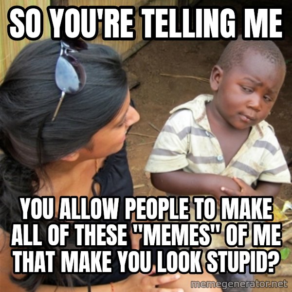 So You're Telling me meme: so you're telling me / you allow people to make all of these "memes" of me that make you look stupid?