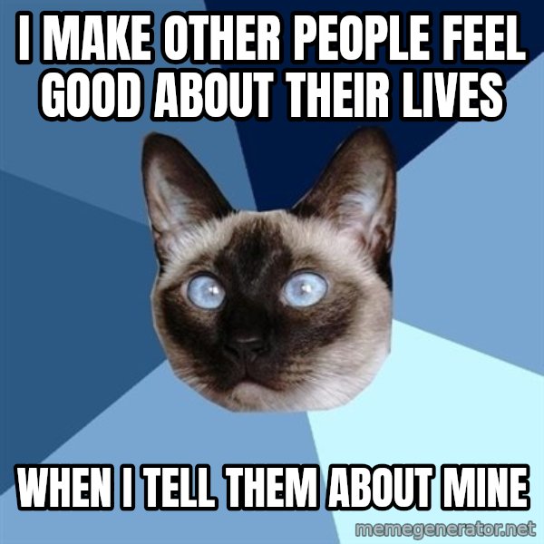Chronic Illness Cat meme: I make other people feel good about their lives / when I tell them about mine