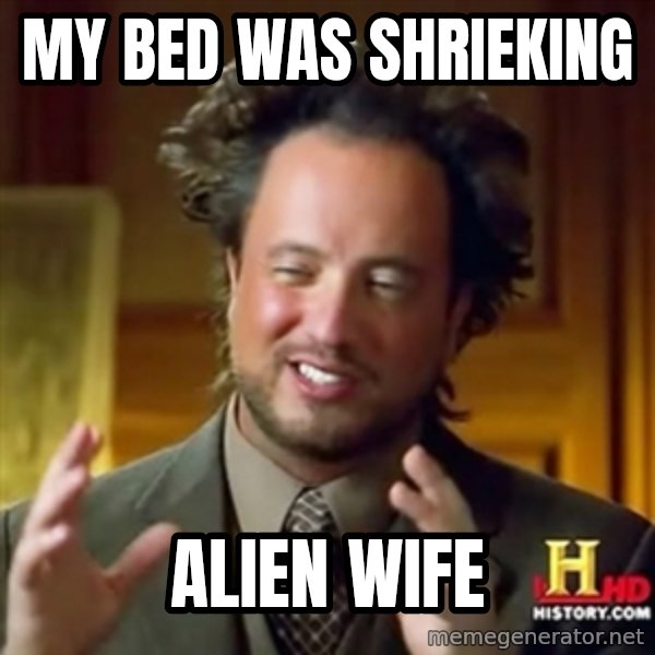ancient alien guy meme: My bed was shrieking / alien wife