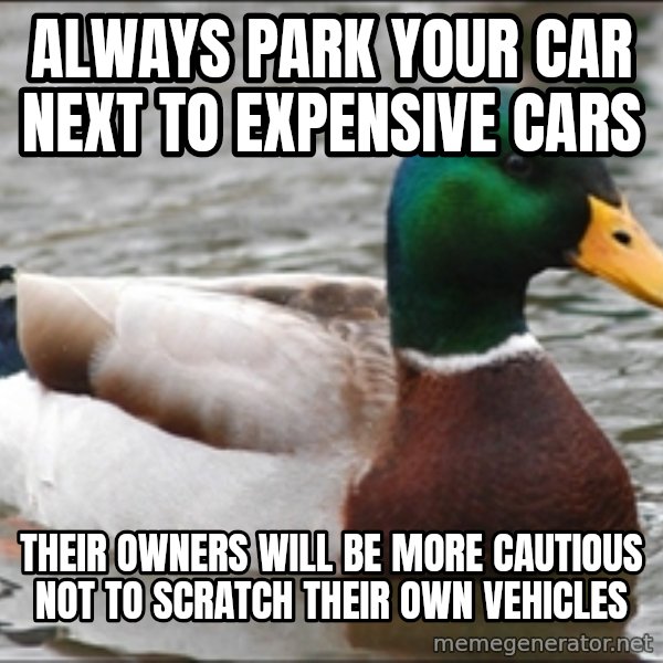 Actual Advice Mallard 1 meme: ALWAYS PARK YOUR CAR NEXT TO EXPENSIVE CARS / THEIR OWNERS WILL BE MORE CAUTIOUS NOT TO SCRATCH THEIR OWN VEHICLES
