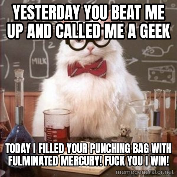 Chemistry Cat meme: yesterday you beat me up and called me a geek / today I filled your punching bag with fulminated mercury! fuck you I win!
