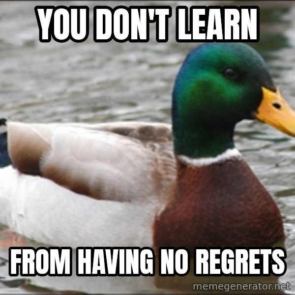 Actual Advice Mallard 1 meme: you don't learn / from having no regrets