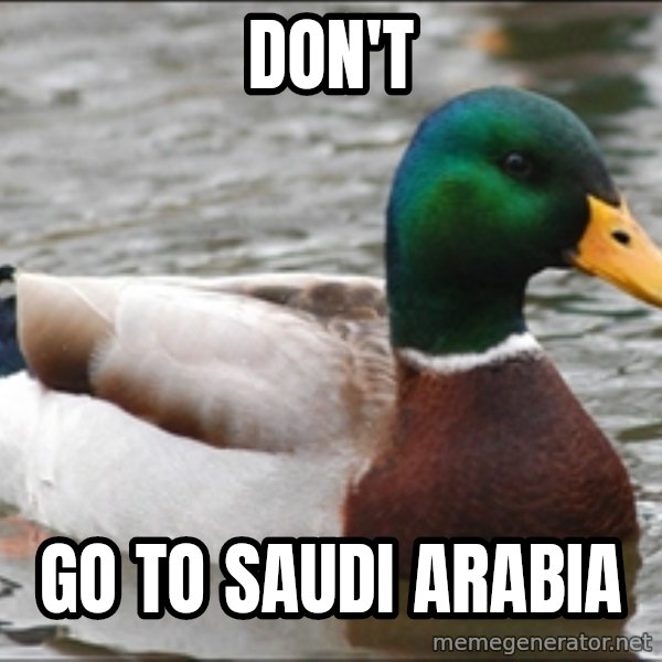 Actual Advice Mallard 1 meme: Don't / GO TO SAUDI ARABIA