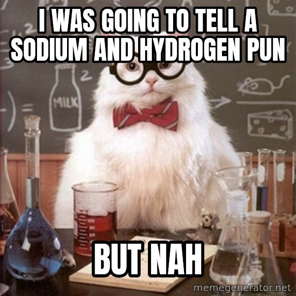 Science Cat meme: I WAS GOING TO TELL A SODIUM AND HYDROGEN PUN / BUT NAH