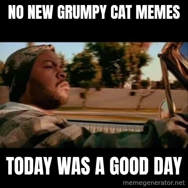 Ice Cube- Today was a Good day meme: no new grumpy cat memes / today was a good day