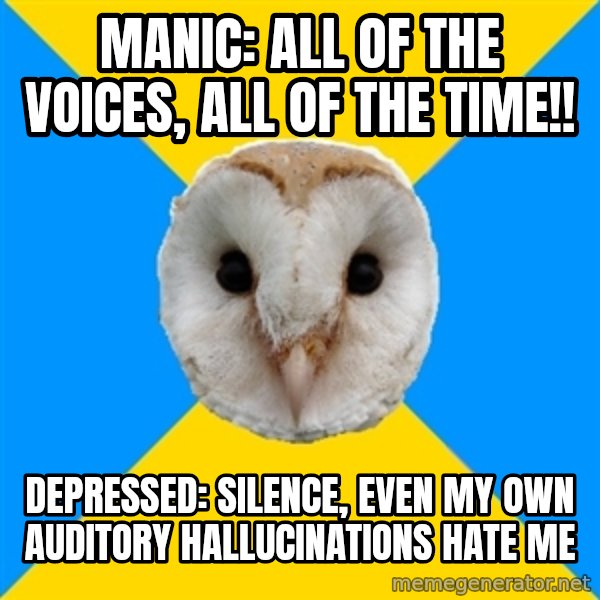 Bipolar Owl meme: Manic: All of the voices, all of the time!! / Depressed: Silence, even my own auditory hallucinations hate me