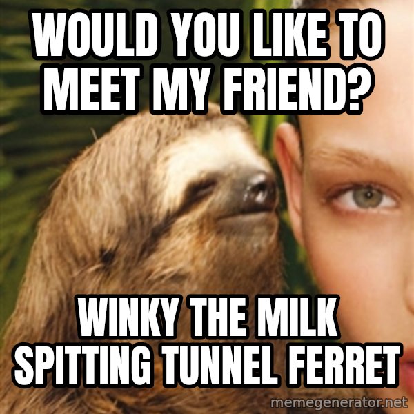 The Rape Sloth meme: would you like to meet my friend? / Winky the milk spitting tunnel ferret