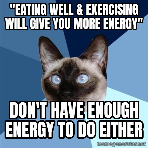 Chronic Illness Cat meme: "Eating well & exercising wIll give you more energy" / Don't have enough eNergy to do either
